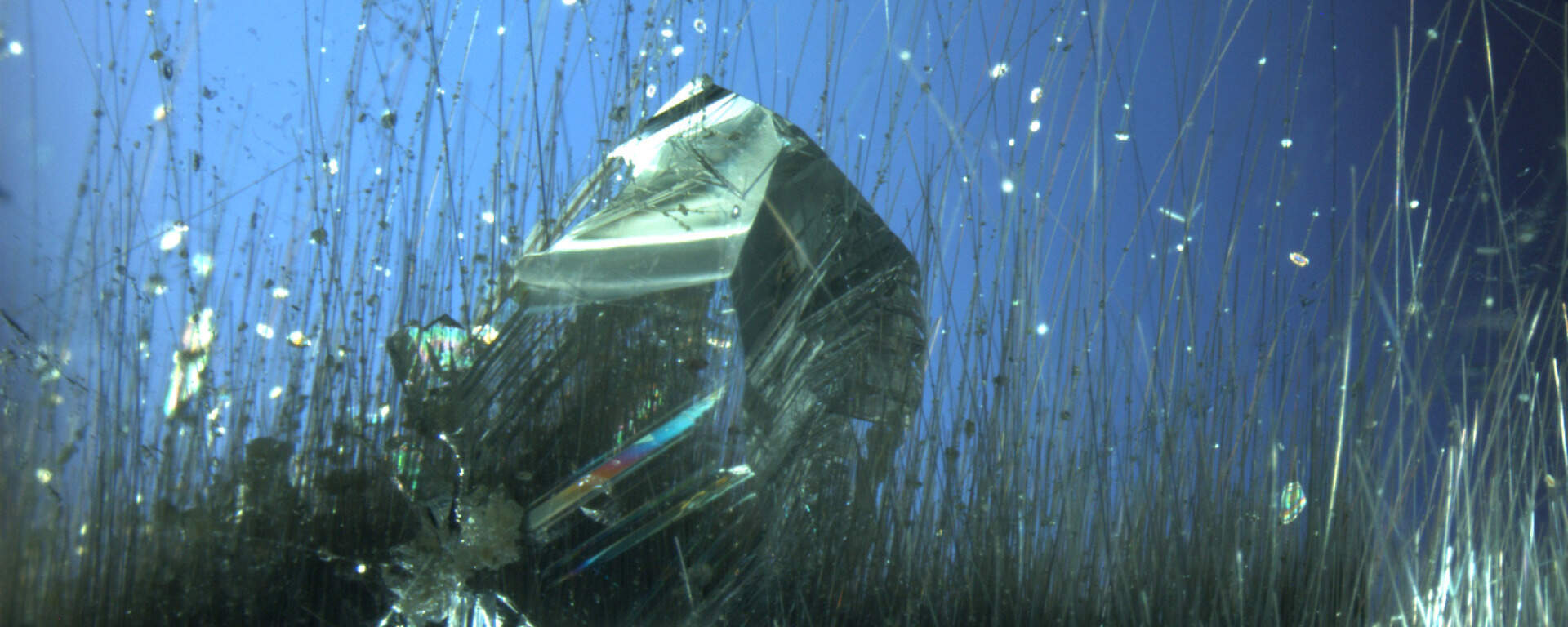 Inclusions of rock crystal and rutile needles in quartz, Brazil, polarised light